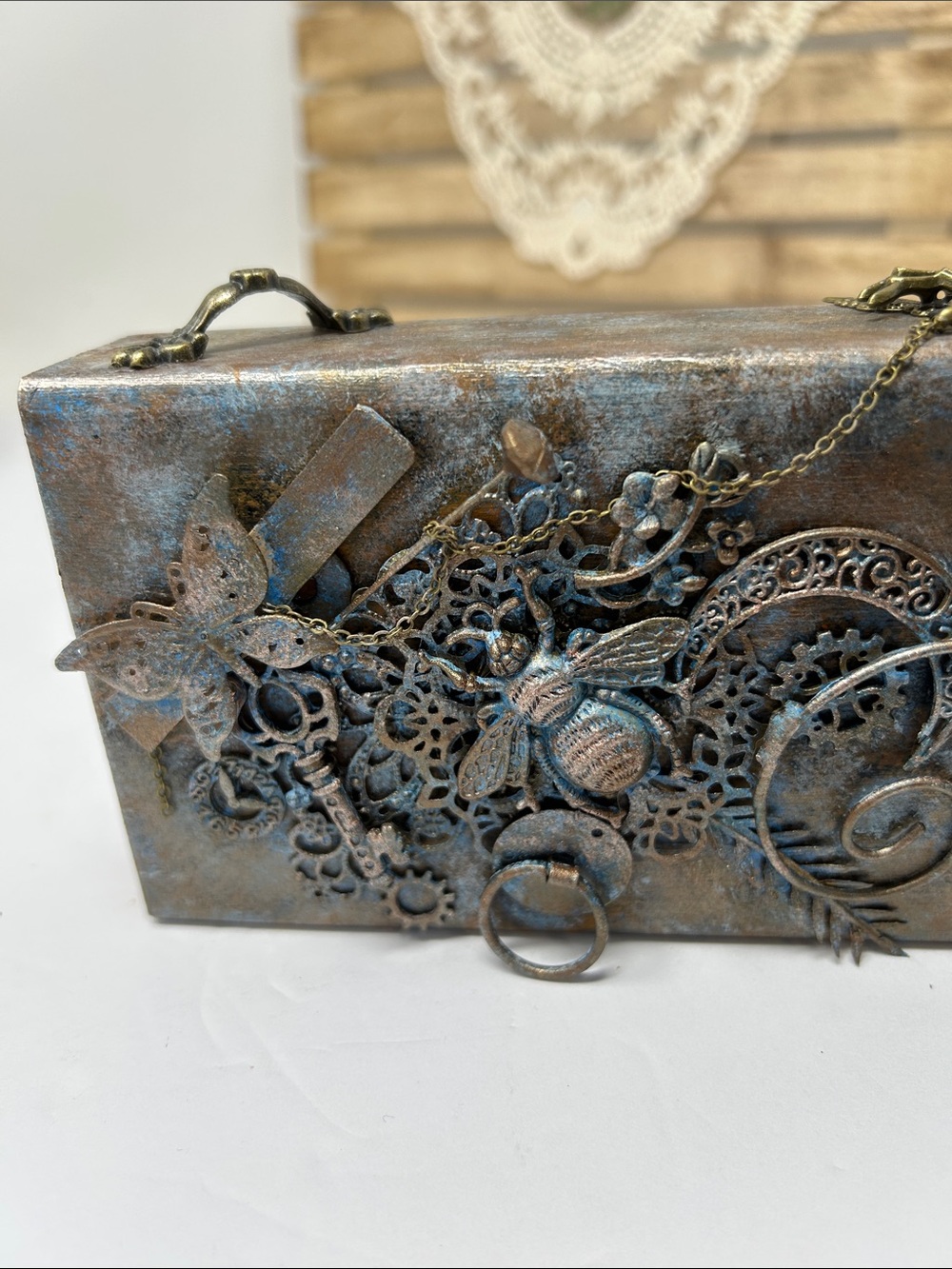 Steampunk Metal Accent Wood Piece with Bee Motif - Bronze Blue Patina - Picture 6 of 9